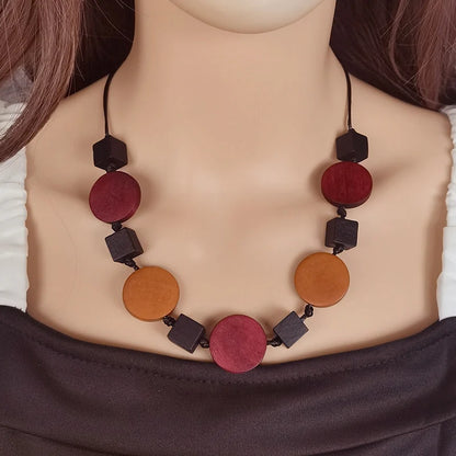 Vintage Ethnic Geometrice Wood Accessories Pendants Necklaces Handmade Rope Chain Necklace for Women Daily Wear Fashion Jewelry