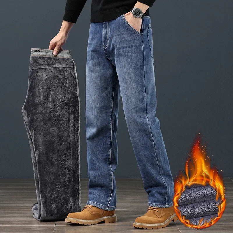 Winter Fleece Warm Men's Jeans Classic Loose Straight Plush Denim Pants Thickened Fashion Stretch Casual Thermal Trousers 42 44 (Avaialble)