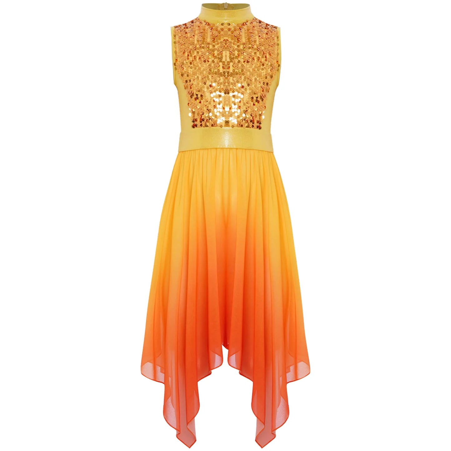 Girls Liturgical Worship Praise Dance Dress Contemporary Lyrical Dancewear Sleeveless Sequins Bodice Asymmetrical Tunic Dresses