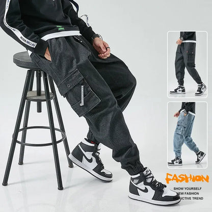 Men Joggers Cargo Denim Pants Baggy Harem Japanese Streetwear Styke Male Ankle Harajuku Casual Hip Hop Jeans Trousers Men