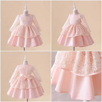 Kids Wedding Party Dresses Girls Bow White Flower Long Sleeved Costume Clothes Children Birthday Princess Gown Evening Vestidos
