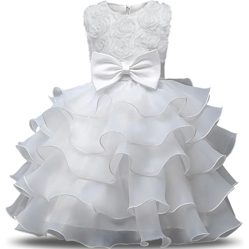 2-10 Yrs Girls Summer Dresses Flower Elegant Kids Princess Party White Dress for Wedding and Birthday Baby Communion Costume