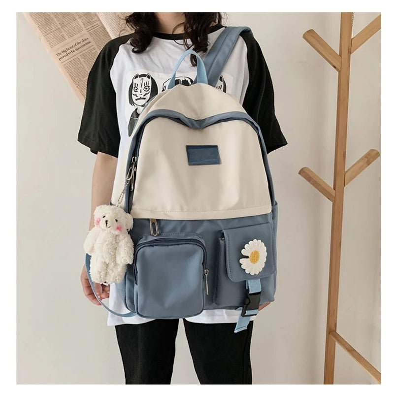 School Bags for Teenage Girls Backpack School Women Nylon Bookbags Soft Solid Panelled Flowers Student Schoolbag