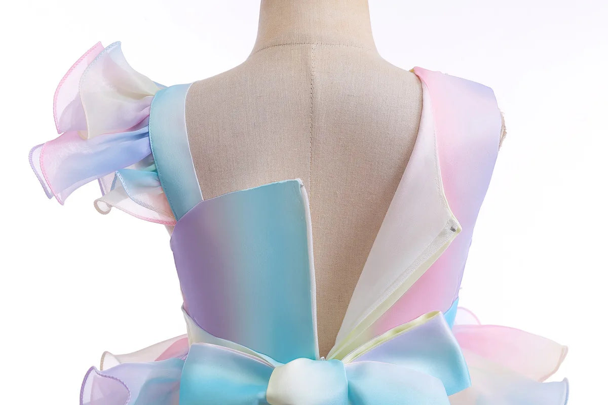 Party Dresses For Girls Rainbow Ruffle Big Bow Layered Sequin Princess Dress For Kids Wedding Birthday Party Pageant Formal Gown