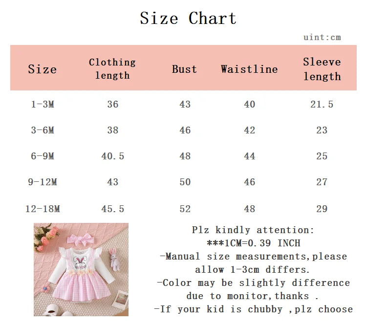 Newborn Baby girl Dress Pink Checkered Flower Fashionable Dress for 0-18 Months Cute Baby girl Autumn Long sleeved Dress