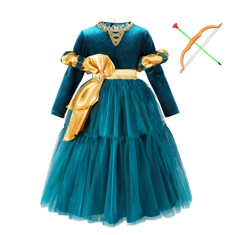 New Cartoon Movie Girls Princess Merida Dress Halloween Brave Princess Costume Children Green Velvet Long Sleeve Vintage Clothes