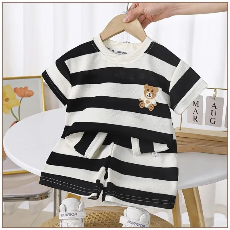 Summer Children Sets Boys Girls Short-sleeved Striped T-shirt +Shorts Set Babies Fashion Round Neck Tracksuits Kids Suits