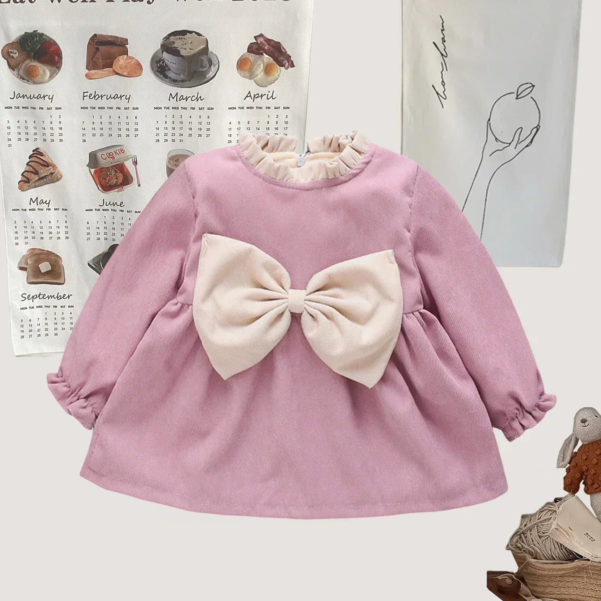 Winter Baby Girl Fleece Dress Bow Soft Standing Neck Solid Color Thickened And Warm Retro Baby Dress  (Available)