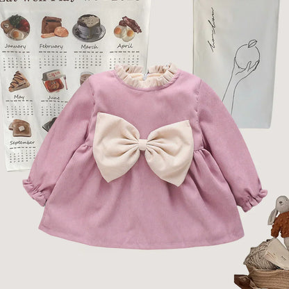 Winter Baby Girl Fleece Dress Bow Soft Standing Neck Solid Color Thickened And Warm Retro Baby Dress  (Available)