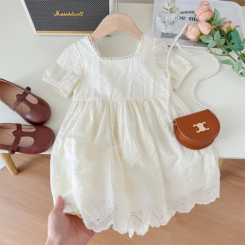 New Summer Kids Dresses for Girls Pure Color All-match Lace Girls  Short-sleeved Dress Baby Princess Dress Girls Clothes