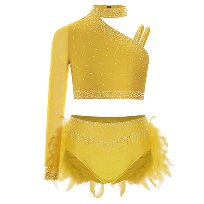 Girls Modern Dance Dress 2 Piece One-shoulder Sleeve Rhinestone Crop Top And Feather Skirts Sets Dance for Stage Performance