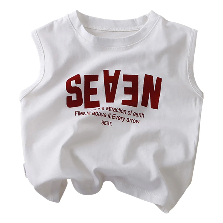 Summer Boys Letter Print Tops Girls Wide Shoulder Vest Children's O-neck T-shirt 2025 Baby Kids Korean Solid Sleeveless Tank Top