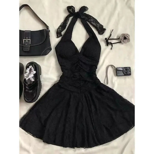 Punk Sexy Dresses Women Clothes Summer Vintage 90s Sweet Girl Korea Dress High Waist Slim Gothic Harajuku Y2k Short Halter Dress