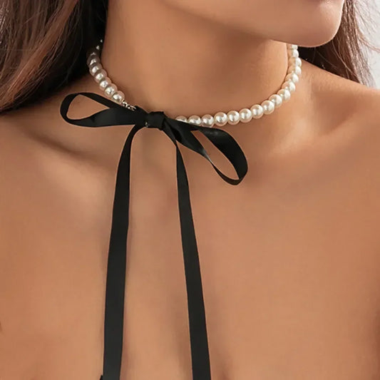 Sexy Trendy Pearl Beaded Bowknot Pendant Necklace for Women Charm Personality Black Lace Ties Collar Jewelry Accessories Gift