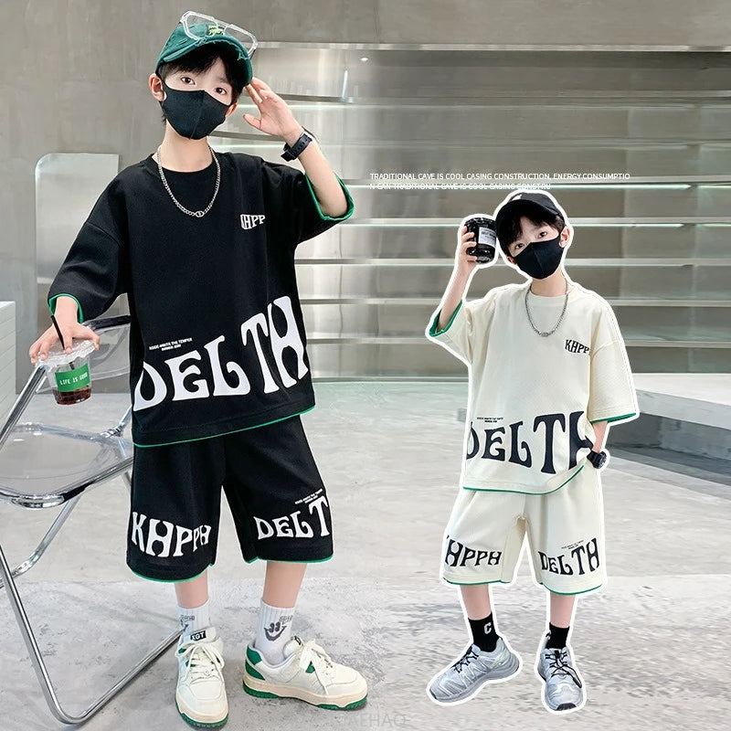 Boys Summer Letter Print Tee Shorts Two Piece Set New Big Kids Casual Wear Outfit Everyday Wear Simple Style Matching Children