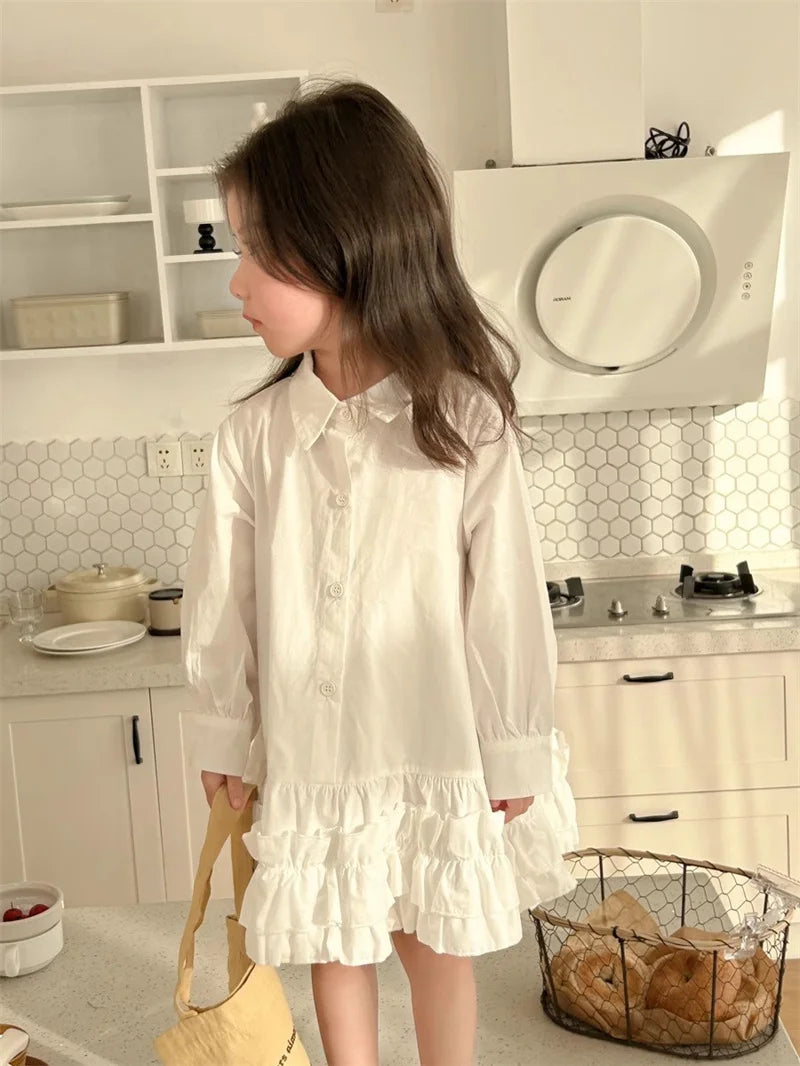 Girl's Shirt Dress Princess Spring New Long-sleeve Gown Children Summer Turn-down Dresses 2-8Y Kids Autumn Fashion Clothing