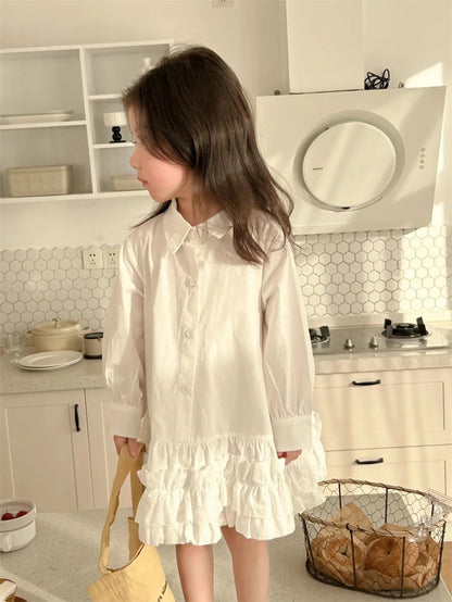 Girl's Shirt Dress Princess Spring New Long-sleeve Gown Children Summer Turn-down Dresses 2-8Y Kids Autumn Fashion Clothing