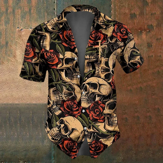 Summer Vintage Skull Graphic Shirts Casual Short Sleeve Shirt For Men Black White Print Men Clothing Loose Oversized Lapel Shirt (Available)