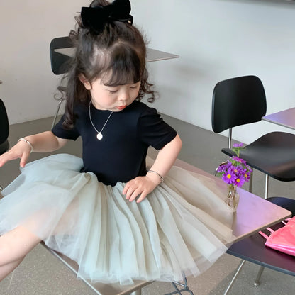 New Summer Kids Dresses for Girls Pure Color All-match Lace Girls  Short-sleeved Dress Baby Princess Dress Girls Clothes