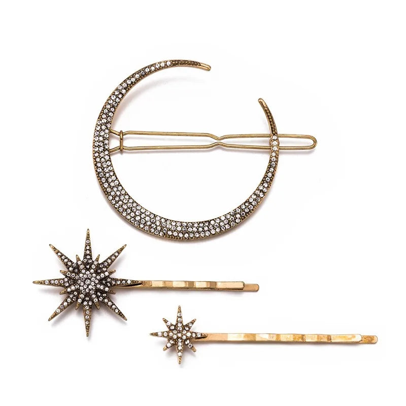 Women Side Clip Hair Barrettes Girl Accessories 3D Geometric Stars Moon Rhinestone Clips Set Silver Snowflake Star Hairpins