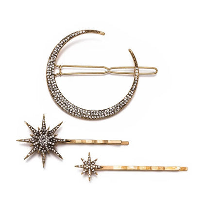 Women Side Clip Hair Barrettes Girl Accessories 3D Geometric Stars Moon Rhinestone Clips Set Silver Snowflake Star Hairpins