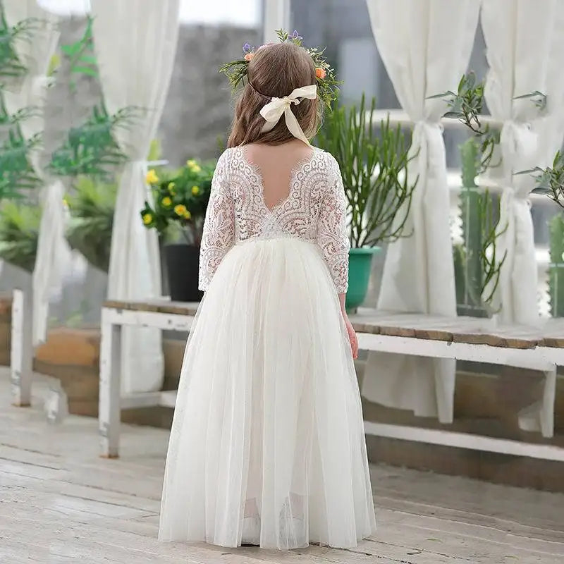 Girl's dress 4-12 years fashionable hollow out long sleeved princess dress carnival birthday wedding flower girl bridesmaid Wear