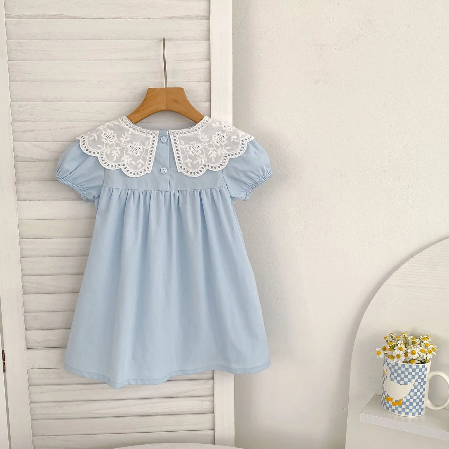Baby Girls Dress Kids Summer Cute Flowers Dress 1-6 Yrs Children Fashion Doll Collar Princess Dress Blue Cotton Girl's Dresses