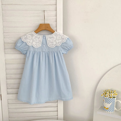 Baby Girls Dress Kids Summer Cute Flowers Dress 1-6 Yrs Children Fashion Doll Collar Princess Dress Blue Cotton Girl's Dresses