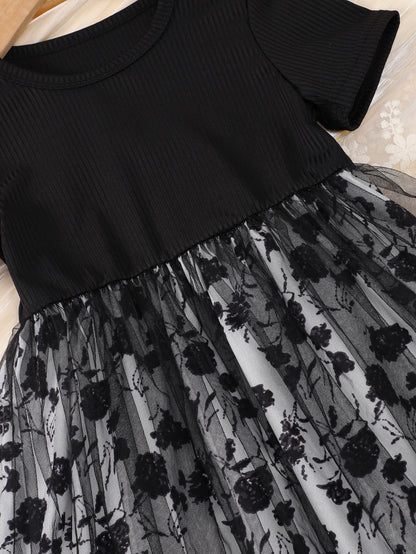 New Summer Outdoor Dress For Girls: Children's Black Striped Top Flower-Printed Mesh Long Dress