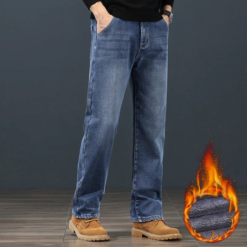 Winter Fleece Warm Men's Jeans Classic Loose Straight Plush Denim Pants Thickened Fashion Stretch Casual Thermal Trousers 42 44 (Avaialble)