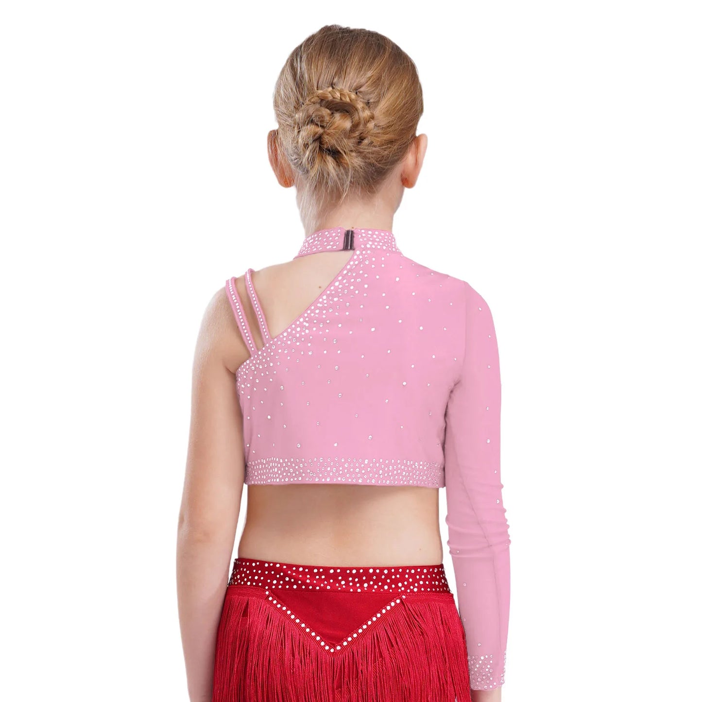 Girls Modern Dance Dress 2 Piece One-shoulder Sleeve Rhinestone Crop Top And Feather Skirts Sets Dance for Stage Performance