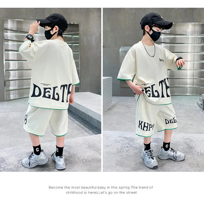 Boys Summer Letter Print Tee Shorts Two Piece Set New Big Kids Casual Wear Outfit Everyday Wear Simple Style Matching Children