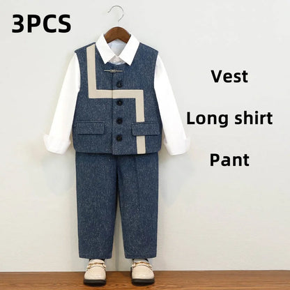 Summer Children Boys Suit Set Stylish Flower 1-10Y Boys Formal Wedding Suit Outfit Spliced Kids Baby Boys Vest Shirt Shorts Suit