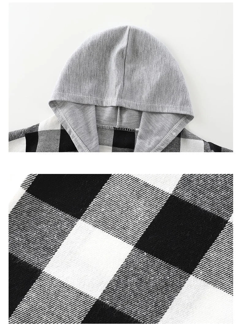 Spring and Autumn Children's Coat plaid boy shirt hooded plaid shirt 2-12 year old girl long sleeved coat baby clothes (Available)