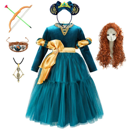 New Cartoon Movie Girls Princess Merida Dress Halloween Brave Princess Costume Children Green Velvet Long Sleeve Vintage Clothes