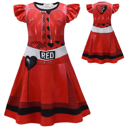 Kids D-Descendants 4 Red Girls Dresses Cosplay Costume Movie T-The Rise of Red Chloe Princess Dress Halloween Carnival Dress Up