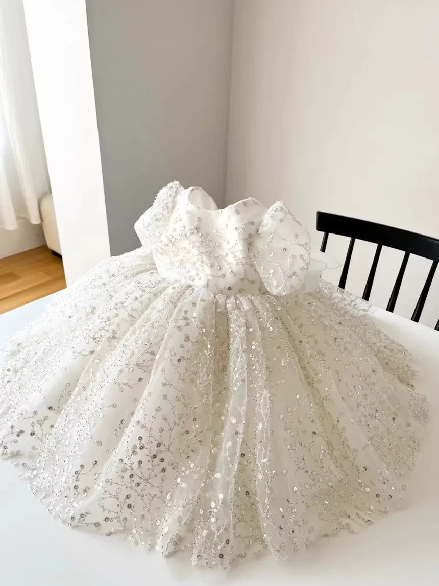 Girl's White Wedding Tutu Dress, Elegant Princess Dress for Flower Dresses Kids Vestidos Girl Birthday Party Princess Sequins