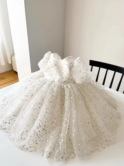 Girl's White Wedding Tutu Dress, Elegant Princess Dress for Flower Dresses Kids Vestidos Girl Birthday Party Princess Sequins