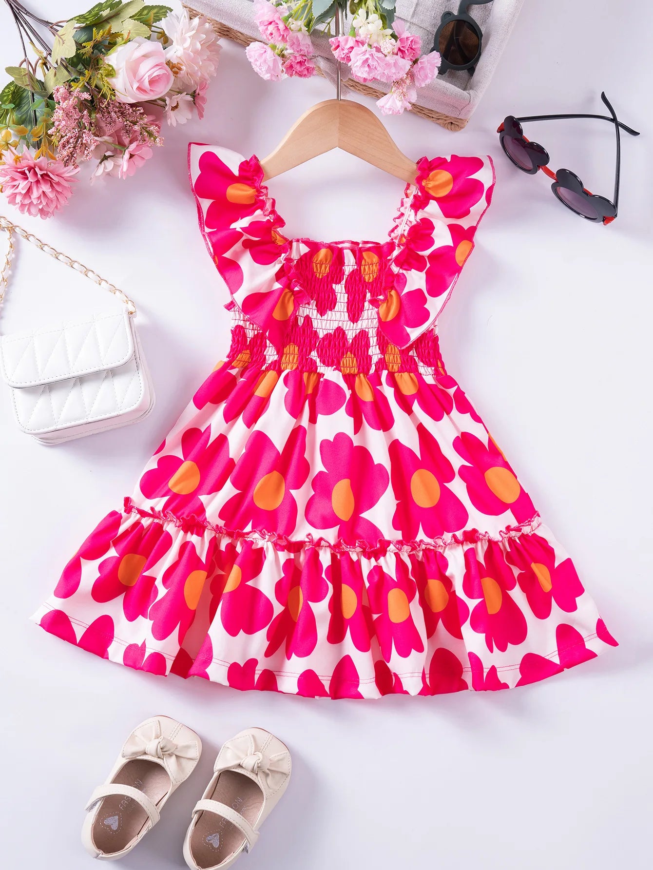 1 - 7 Y Baby Girls Sweet Floral Dress with Ruffled Sleeves & Smocked Waist - Perfect for Party & Summer Wear for Kids Girl Dress