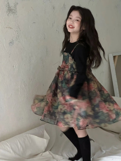Girls Casual Dresses Autumn Girl Black T-shirt Camisole Flower Mesh Gauze Suit Princess Simple Printing Loose Beautiful 2024