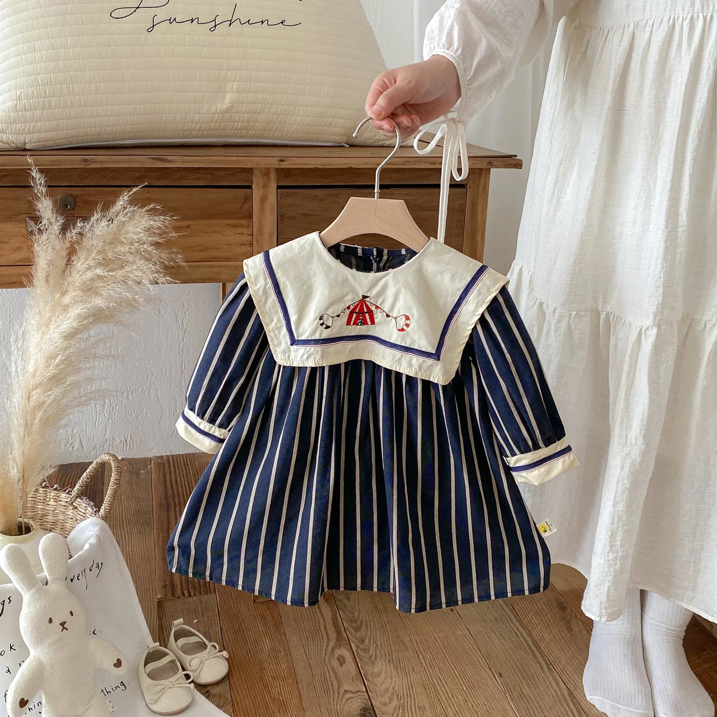 Baby Girl's Dress 2025 Autumn New Retro Children's Embroidered Dress Striped Long-sleeved Princess Dresses