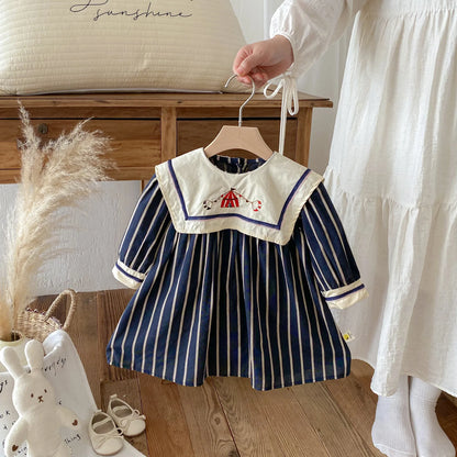 Baby Girl's Dress 2025 Autumn New Retro Children's Embroidered Dress Striped Long-sleeved Princess Dresses