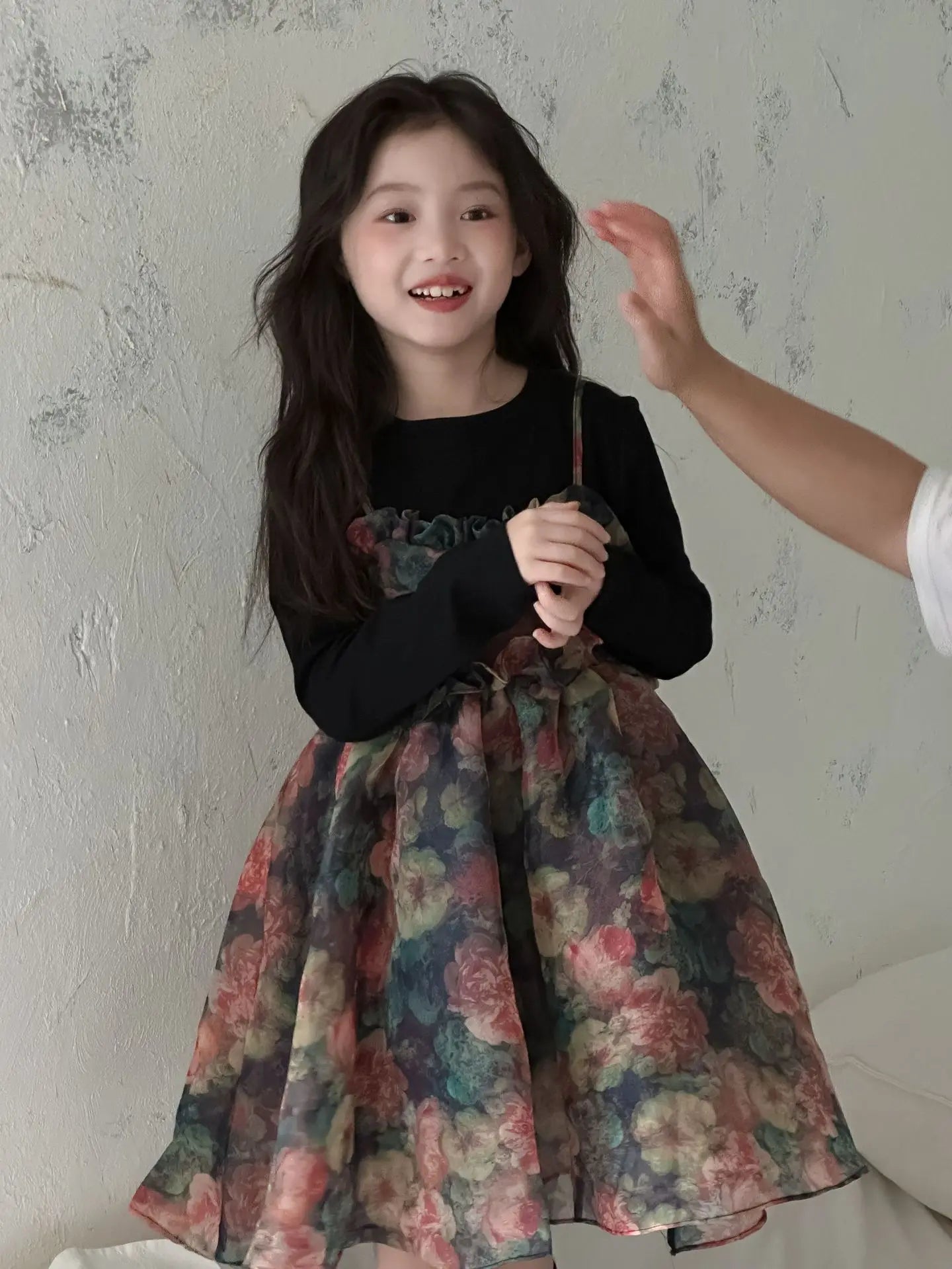 Girls Casual Dresses Autumn Girl Black T-shirt Camisole Flower Mesh Gauze Suit Princess Simple Printing Loose Beautiful 2024