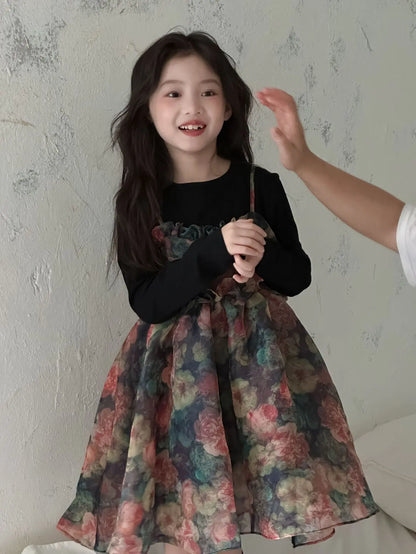 Girls Casual Dresses Autumn Girl Black T-shirt Camisole Flower Mesh Gauze Suit Princess Simple Printing Loose Beautiful 2024