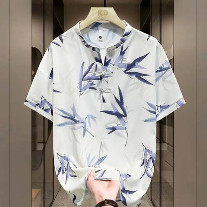 New Chinese Short-sleeved Men Trendy Versatile T-shirt in Summer Retro Stand Collar Thin Fashion Pullover (Available)