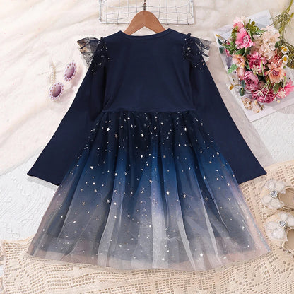 4-6-year-old girl's dress in spring and autumn is sweet and lovely, round neck and long sleeve stitching, star printing gauze he
