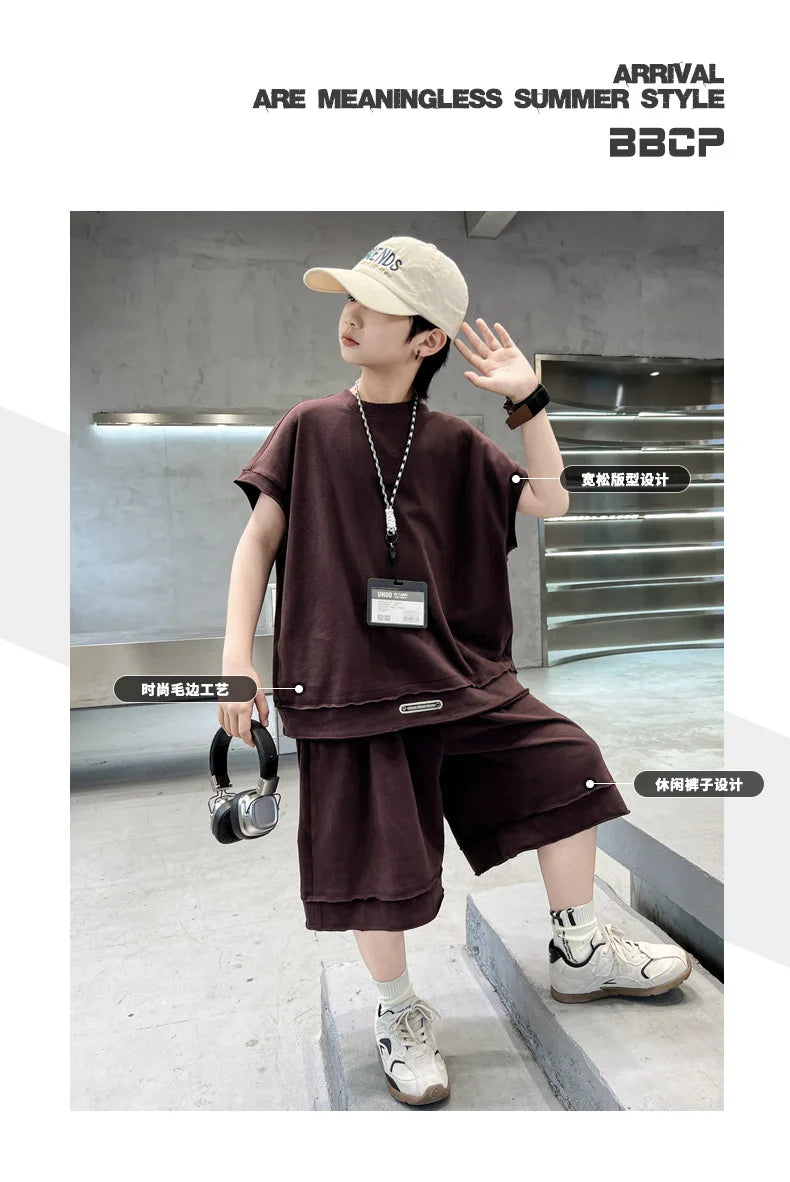 Boys' Summer Outfit Set 2025 New Style Children's Summer Short Sleeved Sportswear Vest Fashionable Boys' Thin Design