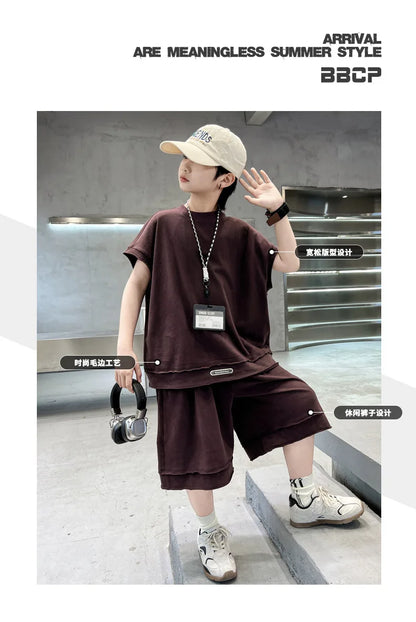 Boys' Summer Outfit Set 2025 New Style Children's Summer Short Sleeved Sportswear Vest Fashionable Boys' Thin Design