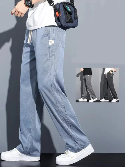 2025 New Summer Soft Lyocell Fabric Men's Jeans Thin Loose Straight Pants Drawstring Elastic Waist Korea Casual Trousers (Available)