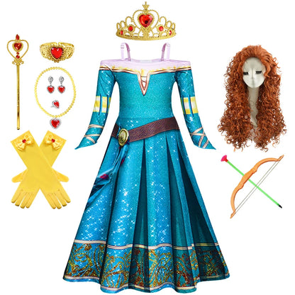 New Cartoon Movie Girls Princess Merida Dress Halloween Brave Princess Costume Children Green Velvet Long Sleeve Vintage Clothes